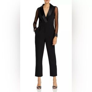 Eliza J Tuxedo Shawl Collar Straight Leg Sheer Sleeves Jumpsuit In Black Size 10